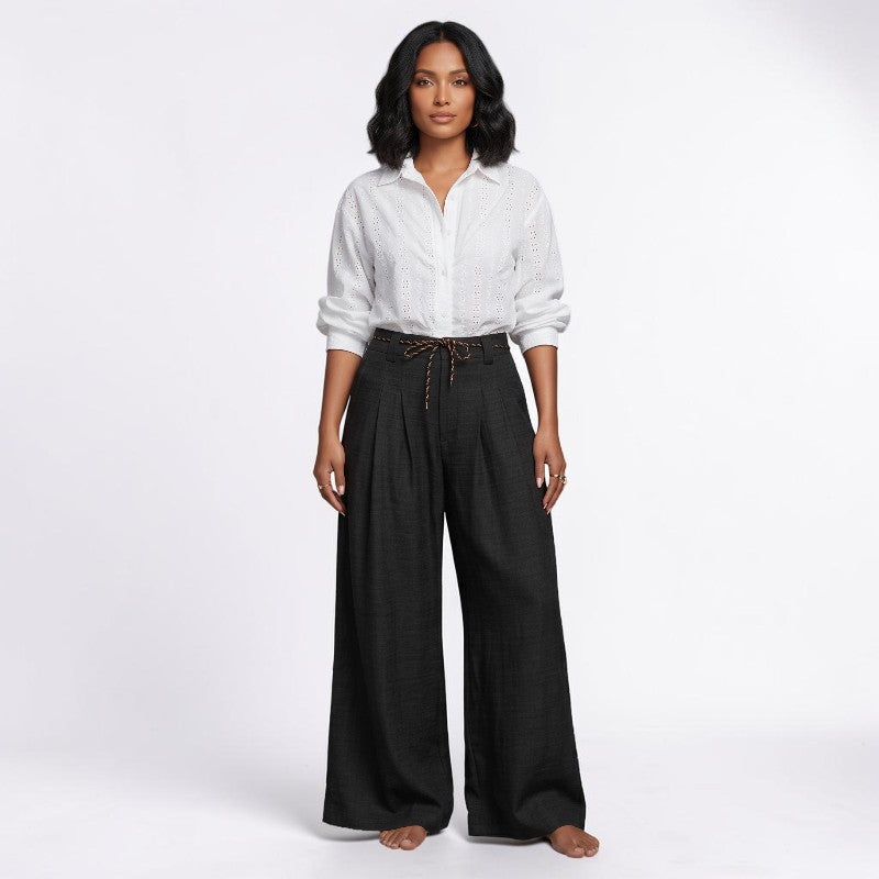 Orvalés | Pantalon Large Femme en Lin Taille Haute à Cordon d'Été