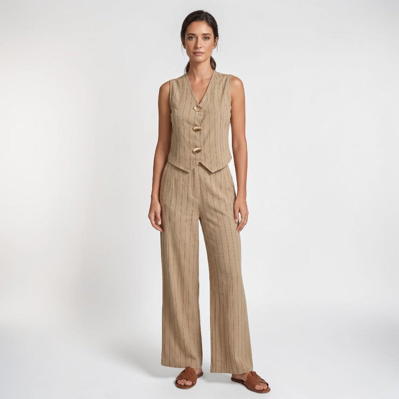 Orvalés | Ensemble Femme Gilet Rayé et Pantalon Large à Boutons Dorés