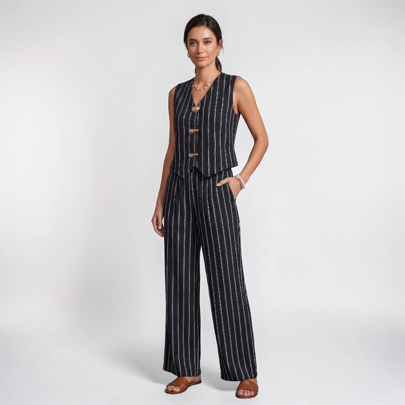 Orvalés | Ensemble Femme Gilet Rayé et Pantalon Large à Boutons Dorés