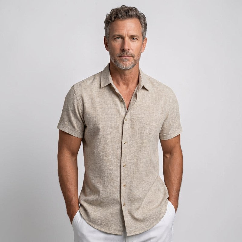 Orvales | Chemise Homme Lin Mélangé Beige Manches Courtes Légère Été