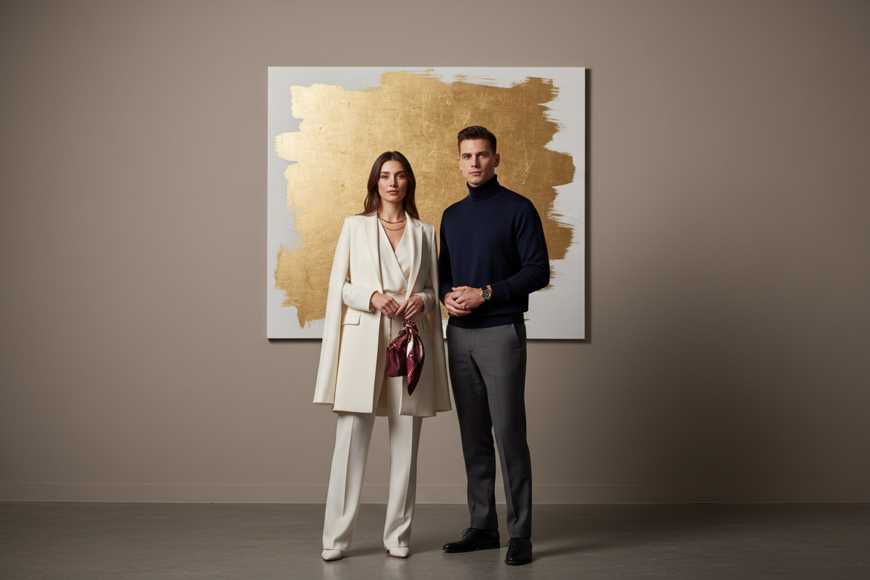 image with 2 people in front, modern, but old school money. simple, plain and with the colours from the theme 