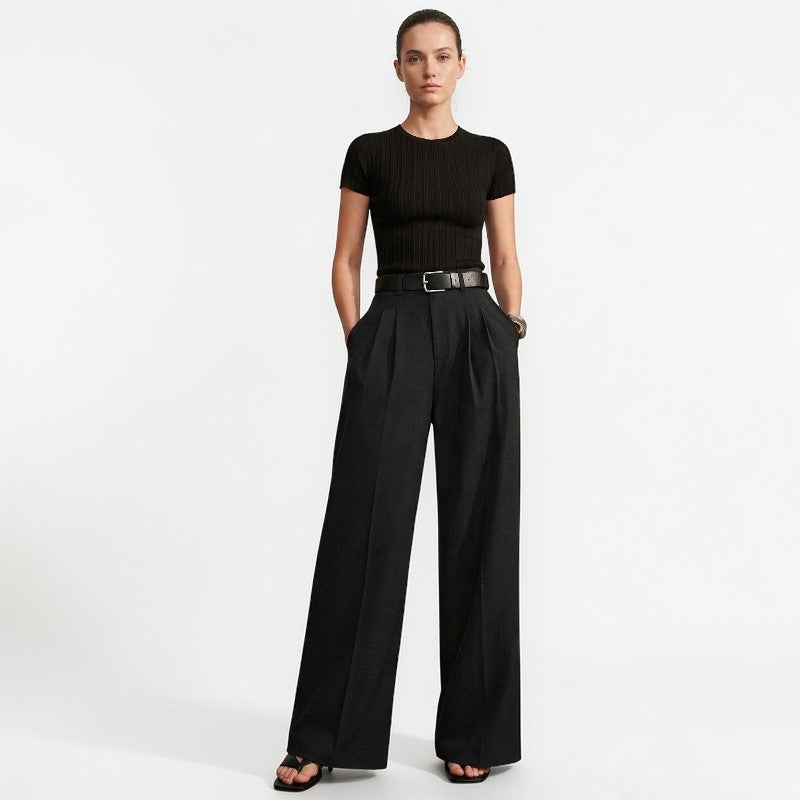 Orvalés |  Pantalon Femme Taille Haute Large, Lignes Nettes et Élégantes